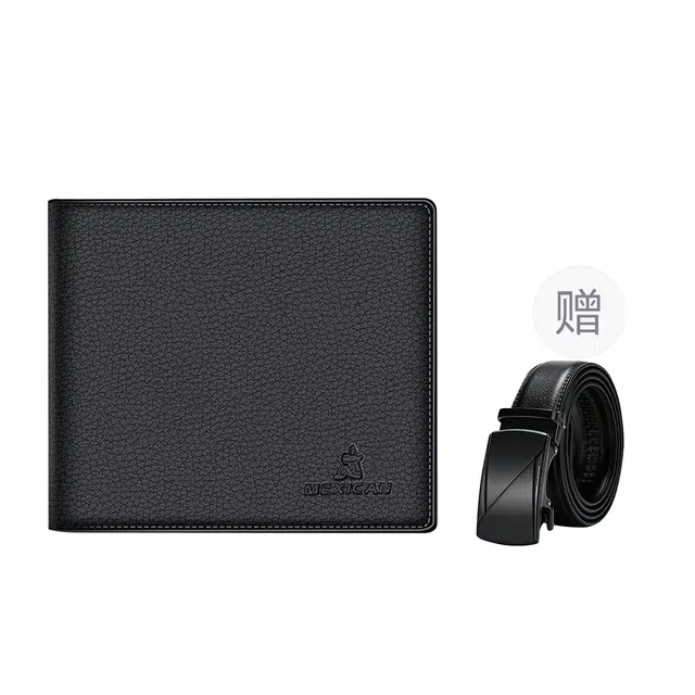 稻草人 简约设计商务腰带钱夹百搭皮带套装 牛皮 钱包 常规 男款 黑色