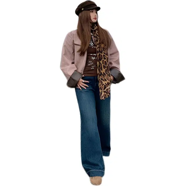 敲模女孩 美式复古高街撞色外套设计感辣妹复古机车服夹克皮衣 女款