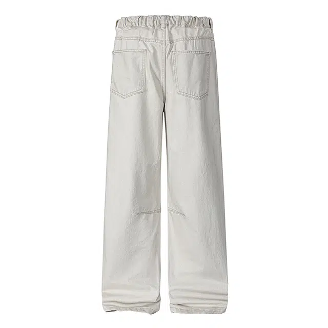 欧路得 重磅褶皱工装裤子男夏潮牌设计感直筒休闲裤美式高街阔腿拖地长裤牛仔裤 男款