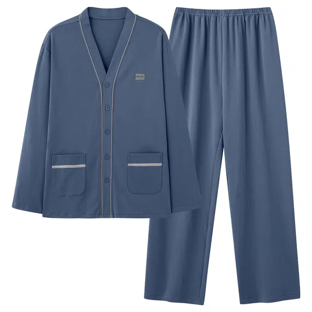 俏佳人 纯棉开衫纯色和尚领休闲家居服简约亲肤柔软舒适长袖长裤可外穿睡衣套装 男款