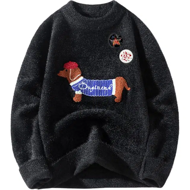 半空山 美式复古高街卡通腊肠狗毛巾刺绣个性可拆卸乐扣徽章仿海马毛潮流时尚百搭宽松舒适日常通勤针织衫 男女同款