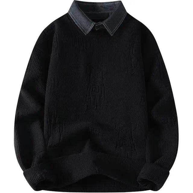 百胜狐 百胜狐加绒加厚保暖衬衫领小熊秋冬款潮牌男假两件假领子内搭针织衫 男款