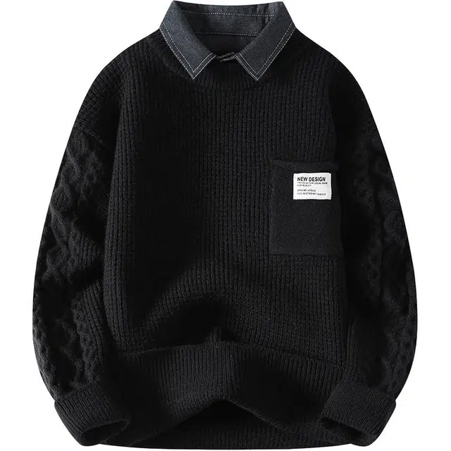 百胜狐 百胜狐假两件男士秋冬季加厚保暖衬衫领毛线衣潮牌口袋设计感针织衫 男款