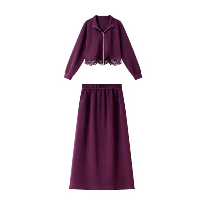 潞优野 优雅花边镂空上衣半身长裙两件套时尚气质舒适简约休闲高品质面料秋季裙装套装 女款