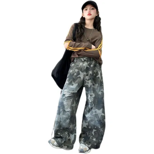 天才小熊休闲运动套装 女童春秋季牛仔破洞裤大童潮牌小孩衣服 小女孩短袖洋气时髦 舒适帅气轻便