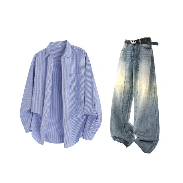 梓润格 美式复古简约设计高街氛围感宽松百搭潮流春秋时尚舒适机能老钱风酷飒长袖衬衫高级户外学院风微喇牛仔休闲运动套装 男女同款