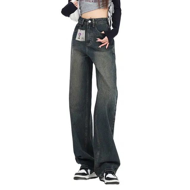 识恩 甜酷风水洗做旧高街直筒女垂感小个子显瘦拖地阔腿裤子牛仔裤 女款