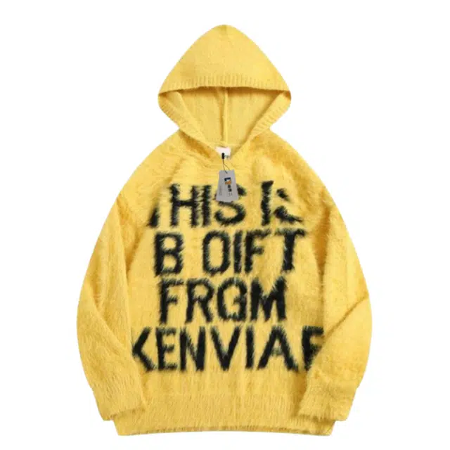 地界二 美式潮牌字母水貂毛连帽百搭慵懒风休闲情侣针织衫 男款