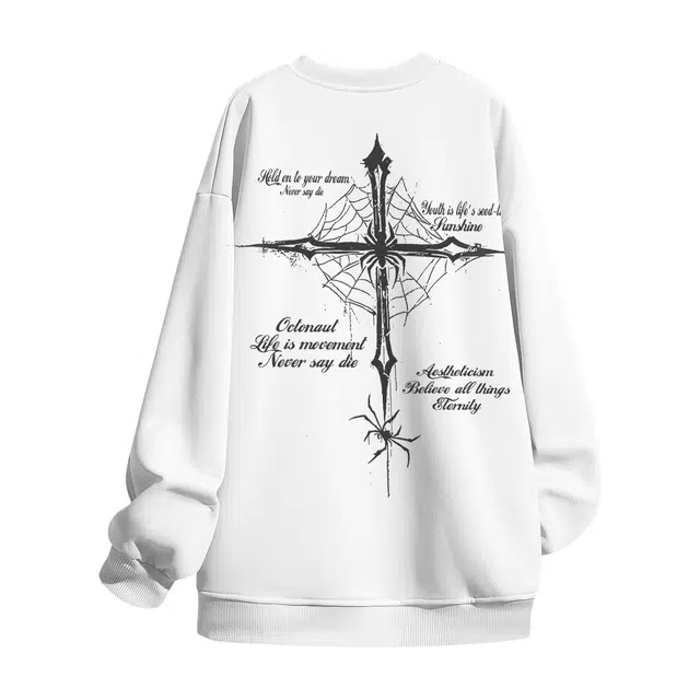海底小纵队 美式暗黑系蛛网蜘蛛十字架图案印花高街哥特风穿搭时尚圆领加绒加厚高级感宽松套头长袖世贸潮流百搭卫衣 男女同款