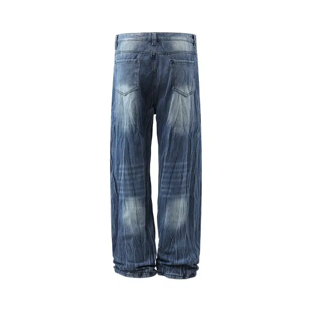敦煌博物馆 美式高街复古老钱风水洗做旧闪电裂纹挑位扎染直筒阔腿微喇裤日常运动休闲通勤百搭牛仔裤 男女同款