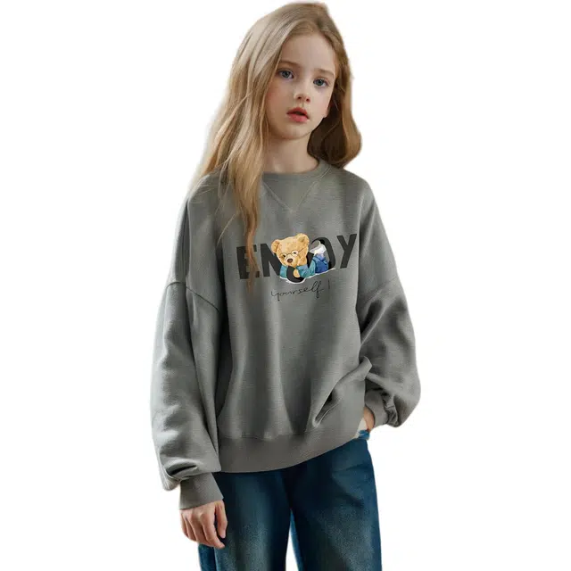 韩素伊卫衣 美式复古卡通可爱小熊印花圆领女春秋宽松休闲百搭上衣潮 青少年