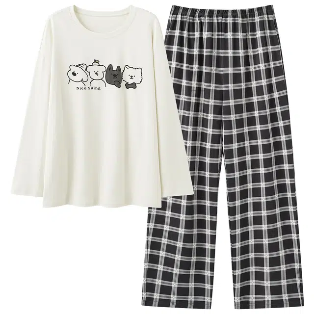 俏霓桐 春秋款可爱卡通纯棉亲肤简约格子休闲圆领宽松长袖长裤家居服可外穿睡衣套装 女款