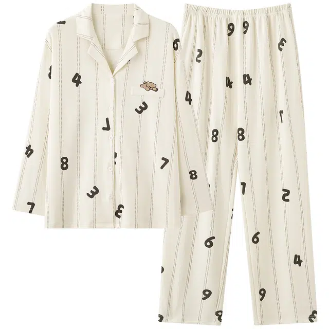 俏霓桐 春秋款简约数字纯棉亲肤休闲俏皮可爱翻领长袖长裤家居服可外穿睡衣套装 女款