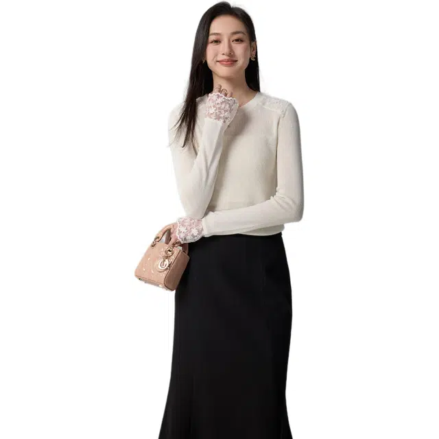 梨九九 蕾丝拼接衫女秋装女装打底衫潮针织衫 女款