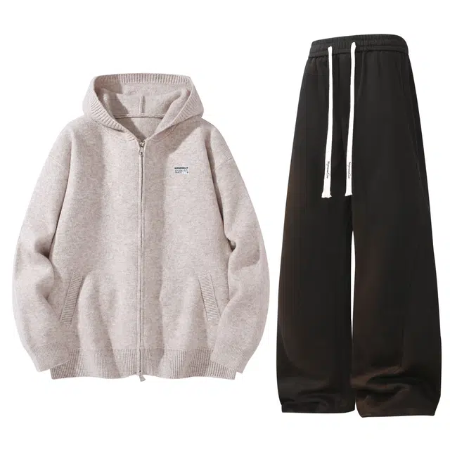 吾皇猫 美式潮牌连帽双拉链设计慵懒纯色针织开衫外套舒适宽松百搭直筒阔腿裤休闲运动套装 男女同款