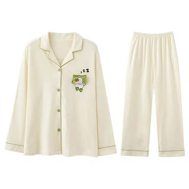 兰缪 女士春夏秋冬款纯棉长袖薄款开衫可爱风大码宽松家居服睡衣套装 女款