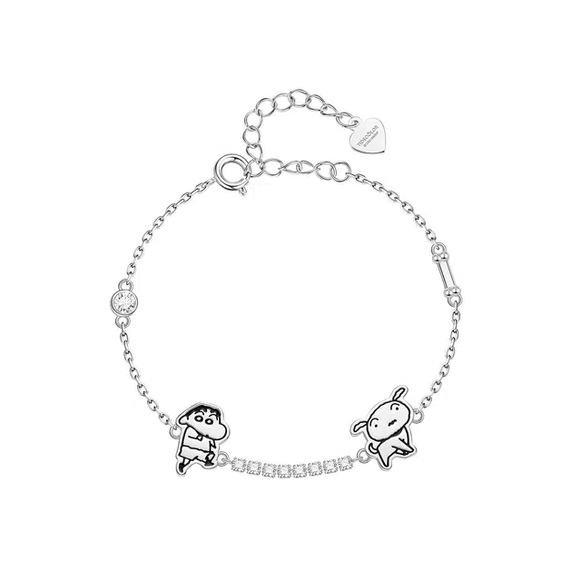 潮色绘 蜡笔小新联名 轻奢小众高级感首饰 日常通勤百搭蛇骨链 银色闪锆 粉色爱心贺卡#好运 铜 手链 女款