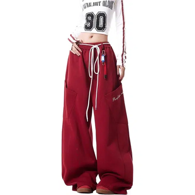柏黛妃 美式街头复古绑带爵士舞运动加绒卫裤女宽松直筒垂感阔腿裤潮休闲裤 女款