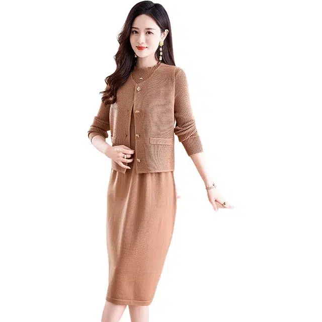 袋鼠 气质优雅简约纯色长袖修身显瘦马甲外套质感裙装套装 女款