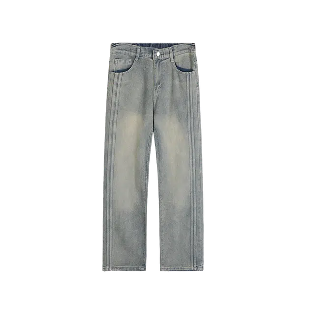 童先森 美式复古水洗做旧男士潮牌宽松直筒拖地休闲长裤牛仔裤 男款