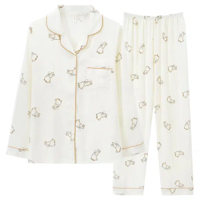 俏韵 翻领卡通春秋季云朵棉甜美可爱长袖长裤开衫休闲舒适薄款家居服可外穿睡衣套装 女款