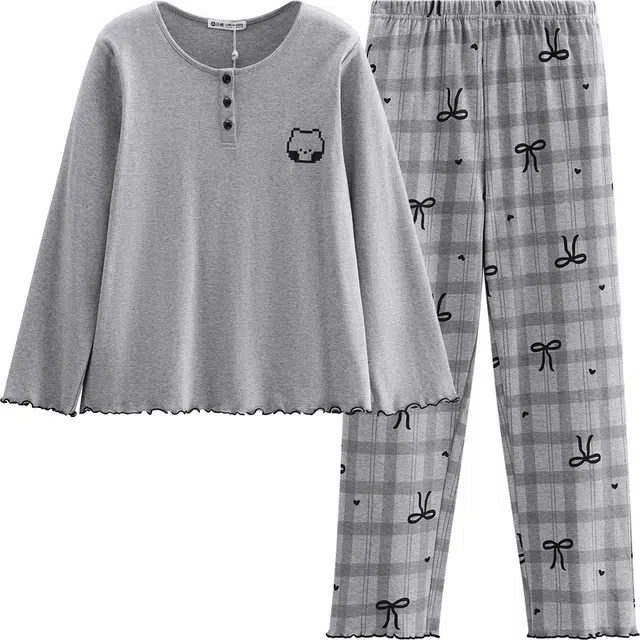 芬腾 布朗熊 女春秋季纯棉长袖可爱卡通休闲全棉家居服 睡衣套装 女款