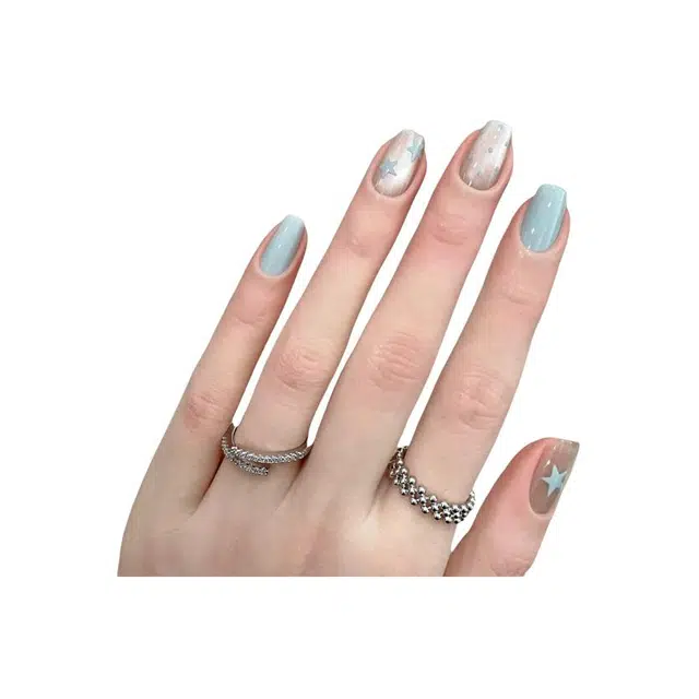 嘉比兔 蓝色生死恋猫眼星星波点穿戴甲显白高级感美甲贴片穿戴甲  方型浅色晕染 细闪