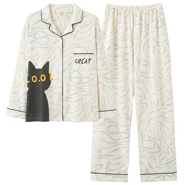 俏霓桐 春秋款可爱卡通小猫纯棉亲肤简约甜美休闲舒适长袖长裤家居服可外穿睡衣套装 女款