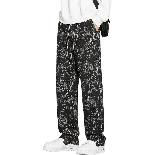 协协乐 美式复古中国风潮流提花秋冬季经典潮牌宽松直筒阔腿抽绳嘻哈街头百搭显高显瘦运动长裤休闲裤 男款