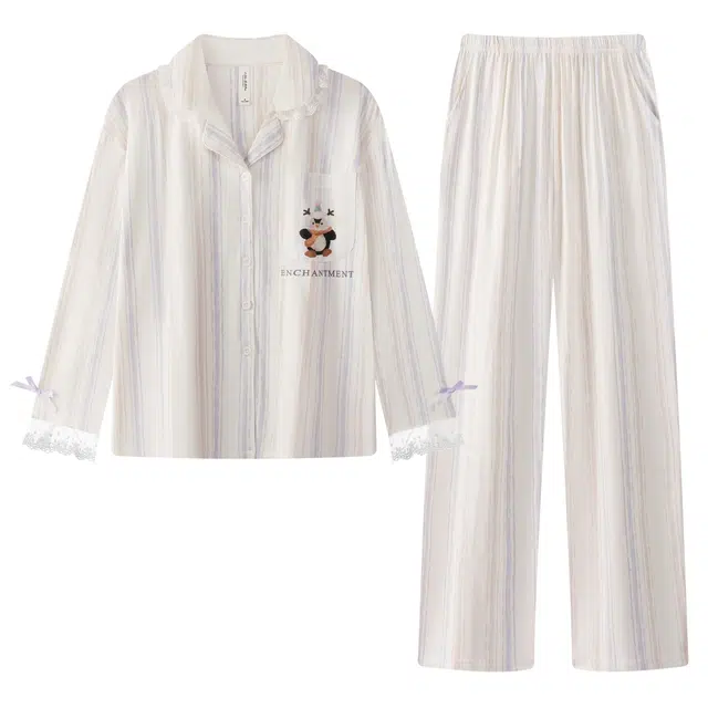 宫蝶 柔软长袖莫代尔棉卡通家居服可外穿条纹可爱宽松休闲睡衣套装 女款