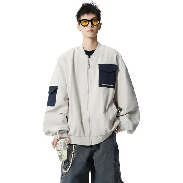 冈哉 棉感棒球领撞色拼接口袋休闲痞帅个性潮流潮牌时尚慵懒感日常通勤柔软舒适亲肤夹克 男女同款