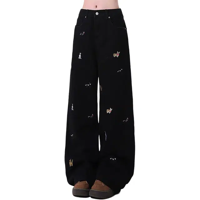 囍鱼少女 黑色趣味小狗刺绣直筒纯色通勤风宽松高腰牛仔裤 女款