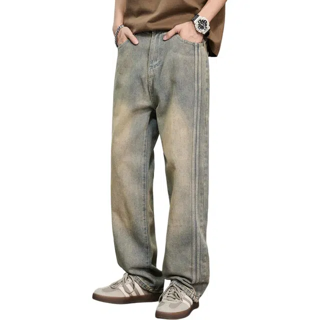 童先森 美式复古水洗做旧男士潮牌宽松直筒拖地休闲长裤牛仔裤 男款