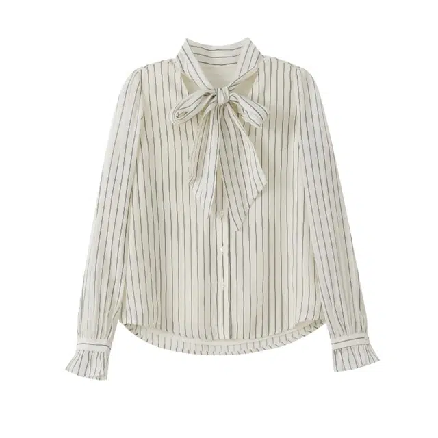 柳絮自制 气质条纹飘带长袖衬衫 女款
