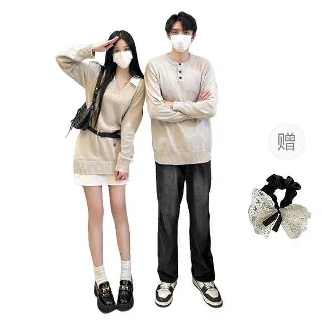 涂诗菲 英伦风假两件法式长袖连衣裙针织衫纯色简约休闲温柔情侣套装