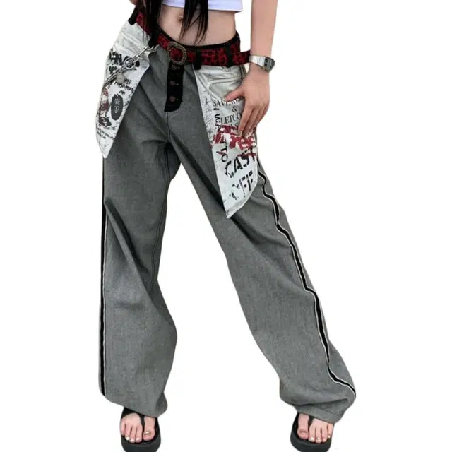 柏黛妃 美式辣妹复古设计感反穿口袋印花牛仔裤女宽松阔腿拖地裤 休闲裤 女款