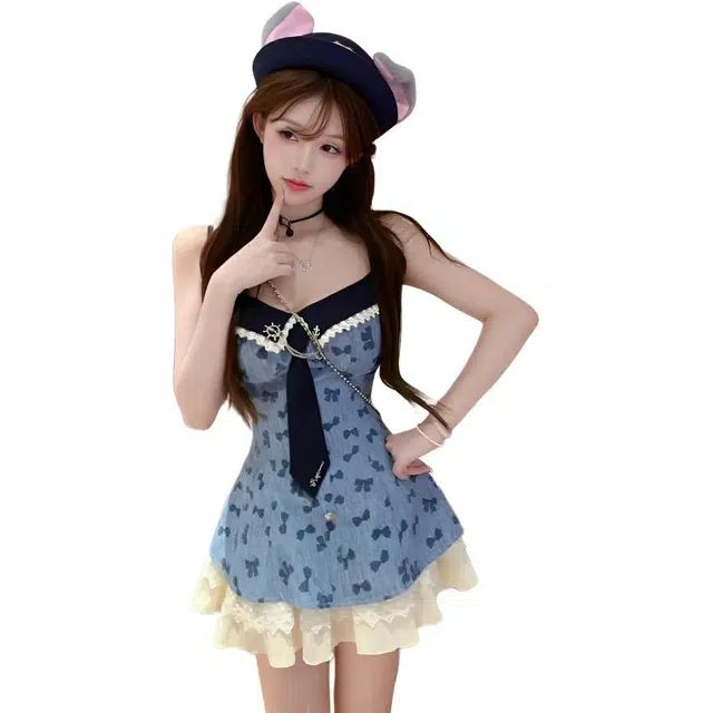 沐晓欣 夏季甜美纯欲蕾丝拼接印花收腰显瘦清新领带设计裙女吊带连衣裙 女款