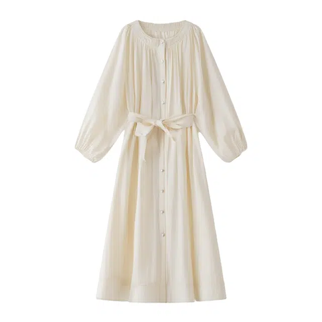 潞优野 高级感舒适法式复古莱赛尔宽松收腰显瘦中长裙子纯色优雅秋季长袖连衣裙 女款