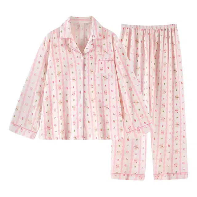 俏韵 翻领卡通条纹春秋季云朵棉甜美可爱长袖长裤开衫休闲舒适薄款家居服可外穿睡衣套装 女款