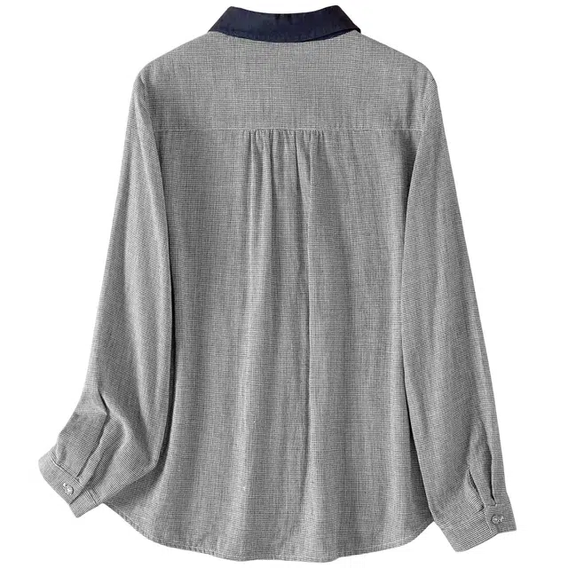 她池 撞色翻领单排扣复古格纹宽松款长袖衬衫 女款 千鸟格