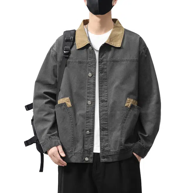 百胜狐 百胜狐美式复古牛仔外套男士春秋季翻领重磅宽松休闲上衣服拼接撞色夹克 男款