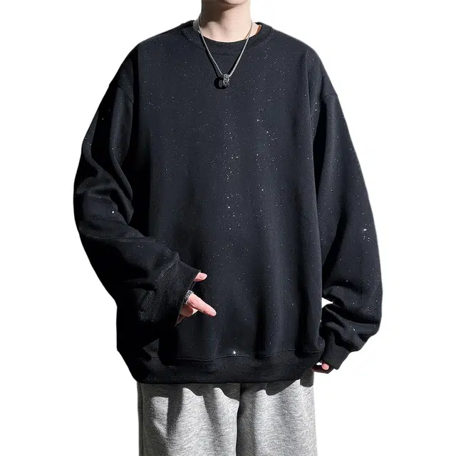 左岸 春秋港风潮牌休闲宽松长袖圆领套头上衣百搭帅气穿搭舒适慵懒外衣设计感满天星印花卫衣 男款