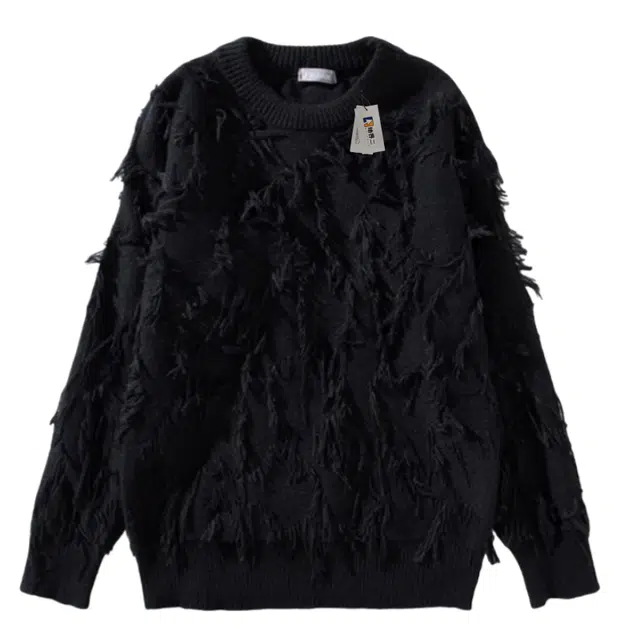 地界二 日系破坏感流苏慵懒风纯色毛边圆领情侣针织衫 男款