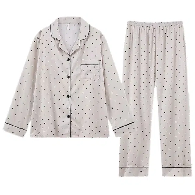 俏韵 翻领春秋季简约波点甜美可爱长袖长裤开衫休闲舒适薄款家居服可外穿睡衣套装 女款