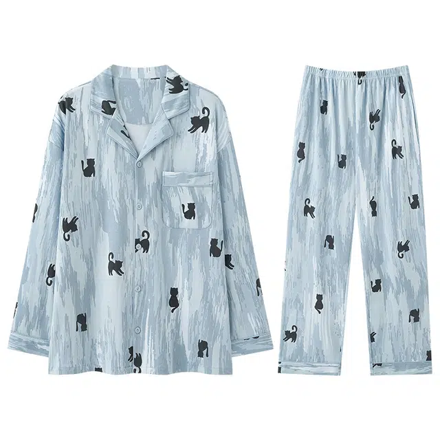 兰缪 纯棉男士春夏秋季宽松长袖长裤青少年可外穿大码家居服睡衣套装 男款