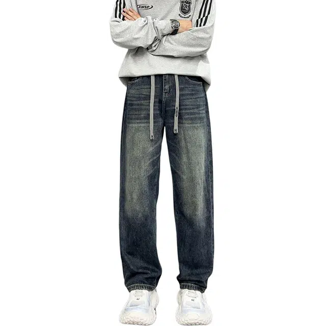 么宁 美式复古水洗做旧宽松直筒裤简约百搭舒适透气个性时尚休闲牛仔裤 男女同款