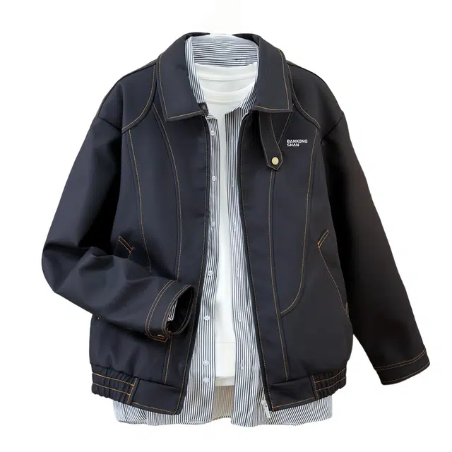 半空山 美式复古高街立体线条解构工装设计感重工艺个性领口高级感宽松百搭日常通勤舒适透气高质感休闲翻领夹克外套 男女同款