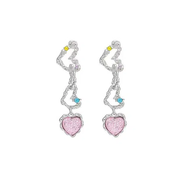 澜耀 粉色爱心锆石女甜酷气质小众设计感耳饰 合金 耳环 女款