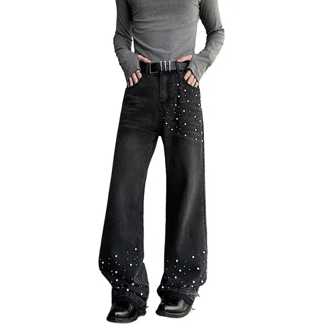 佐菲利 美式街头重工珍珠满天星镶珠烫珠宽松直筒痞帅高街阔腿裤牛仔裤 男女同款