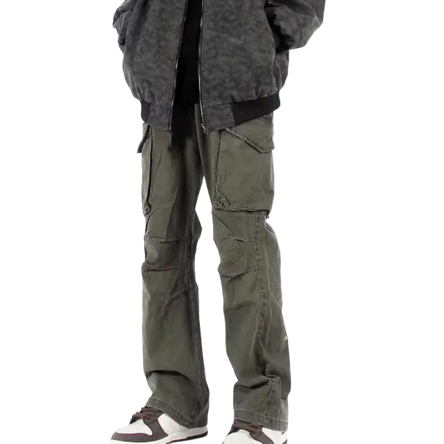 一碗士多 美式复古经典高街小众百搭纯色褶皱拼接多口袋阔腿直筒裤子日常通勤户外垂感拖地基础款休闲裤 男女同款